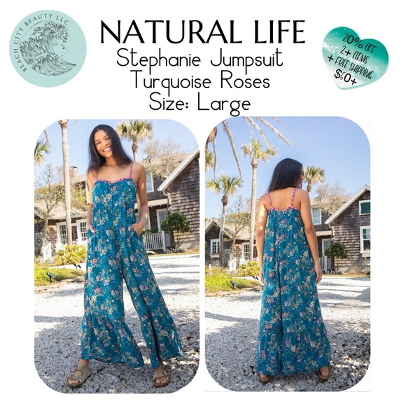 NATURAL LIFE Stephanie Jumpsuit - Turquoise Roses Large - Picture 1 of 6